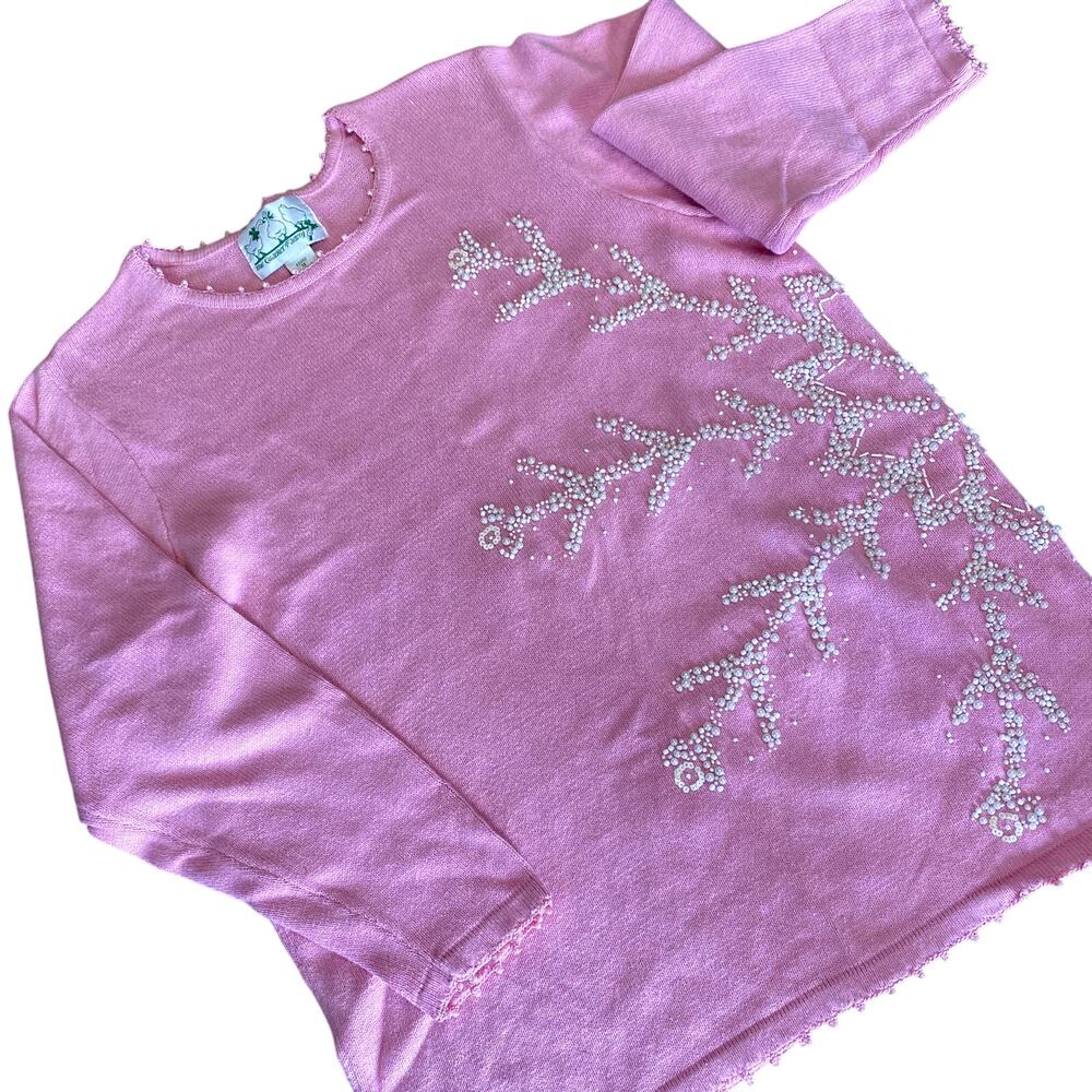 Vintage 90's Quacker Factory Women's Pink Snowflake Beaded Knit Sweater 1X